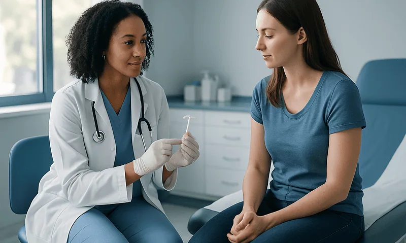 Doctor explaining IUD procedure to patient in a clinic setting.