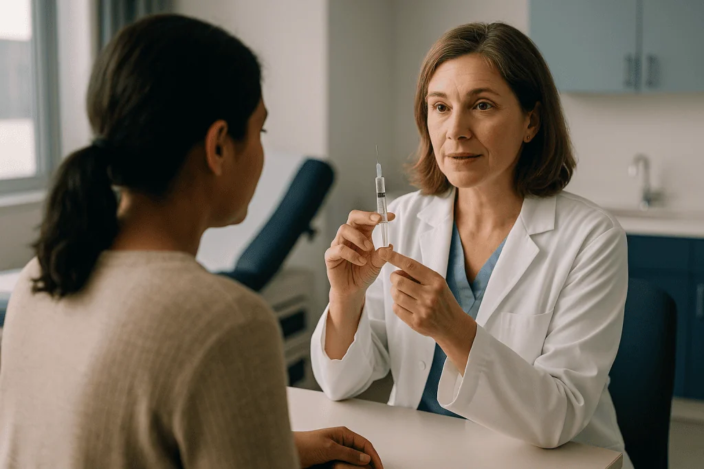 Doctor discussing syringe with patient in clinical setting: How IUI actually works, and what happens in those few minutes