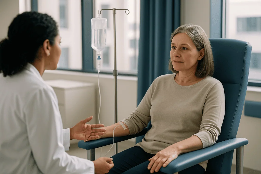 Healthcare provider consulting patient receiving IV infusion therapy: How IVIG works, in plain language