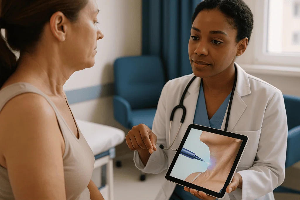Doctor showing tablet to patient in clinical consultation: How J Plasma skin tightening works, in plain language