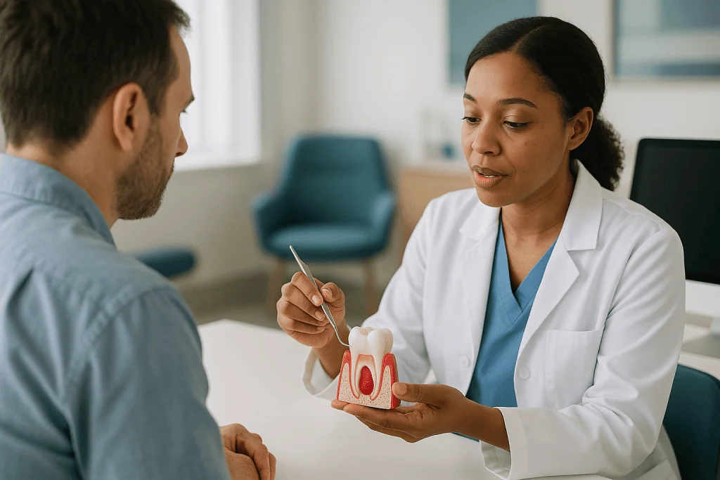 Doctor explaining dental anatomy model to male patient: How jaw cyst removal surgery actually works, step by step