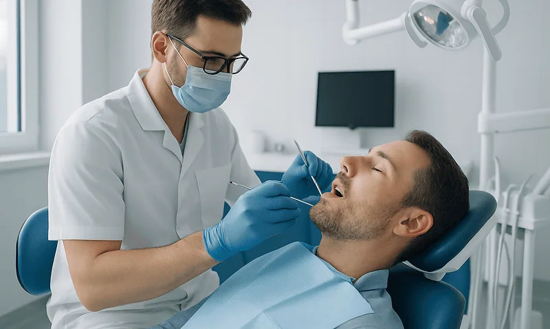 Dentist performing oral examination on patient in dental clinic.