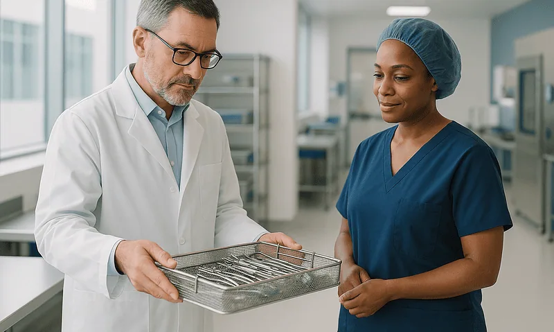 Medical professionals reviewing surgical instruments in a hospital setting.