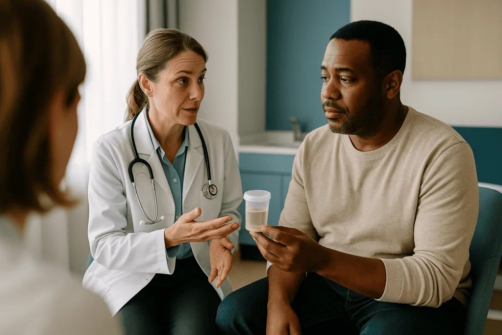 Doctor consulting with male patient in clinical setting: How kidney function is measured when HUS is suspected