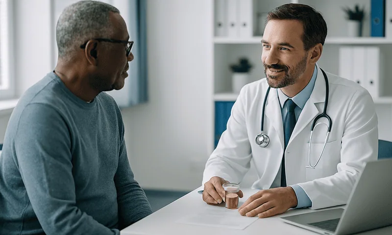 Doctor consulting with an elderly patient in a modern clinic setting.