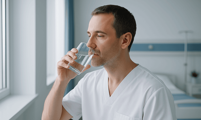 Doctor drinking water in a hospital room for kidney health.