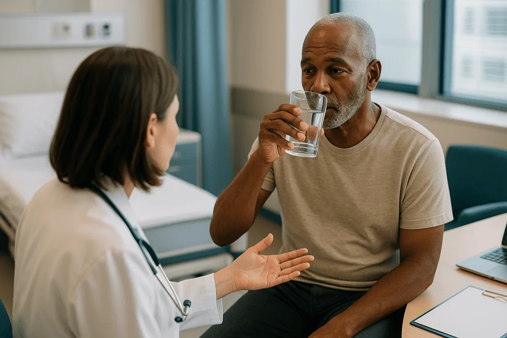 Doctor consulting with patient in clinical setting: How kidney toxicity treatment works: stop, support, recheck