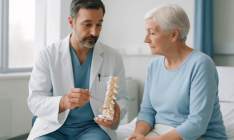 Doctor explaining spinal anatomy to elderly patient in hospital.