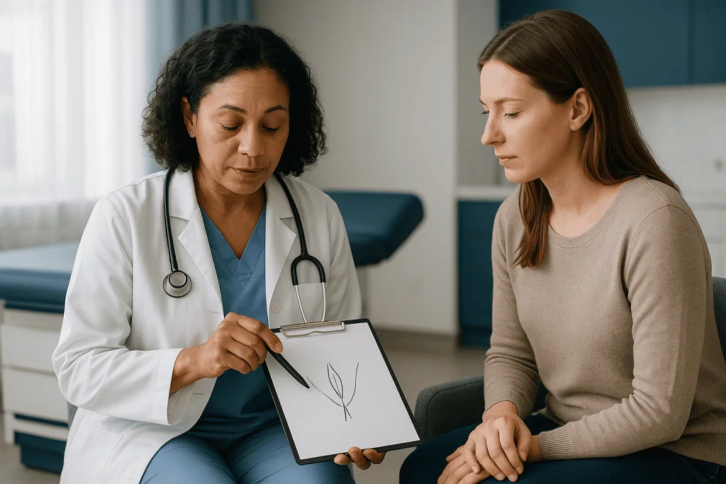 Doctor consulting with patient, showing medical diagram: How labiaplasty actually works: trim, wedge and what is removed