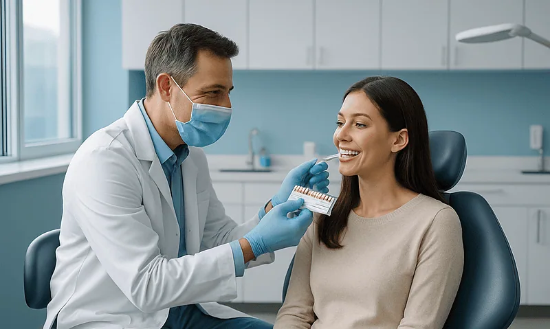 Dentist showing dental veneer sample to patient in clinic.
