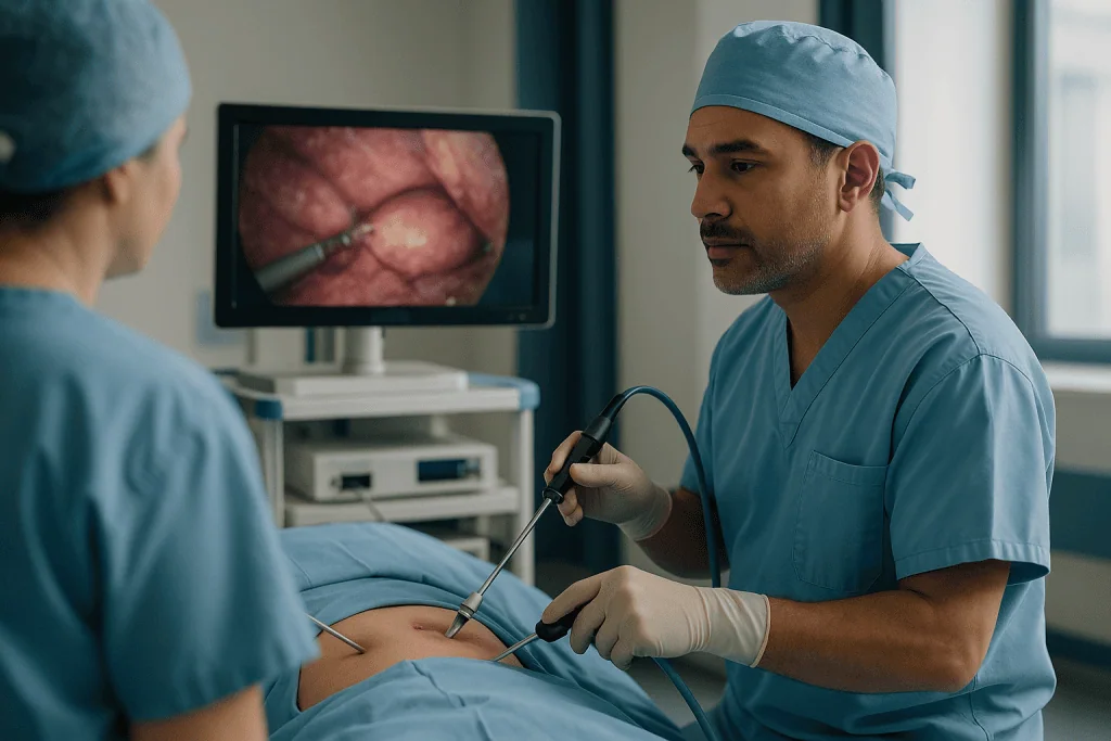 Surgeon performing laparoscopic procedure with monitor display: How laparoscopic cholecystectomy for cholecystitis works, in