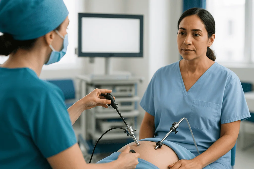 Healthcare provider demonstrating endoscopic equipment to patient: How laparoscopic gastric surgery works, step by step, on 