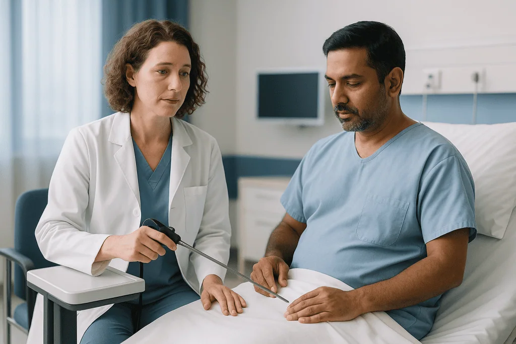 Doctor consulting patient in clinical setting, taking notes: How laparoscopic kidney surgery works, step by step