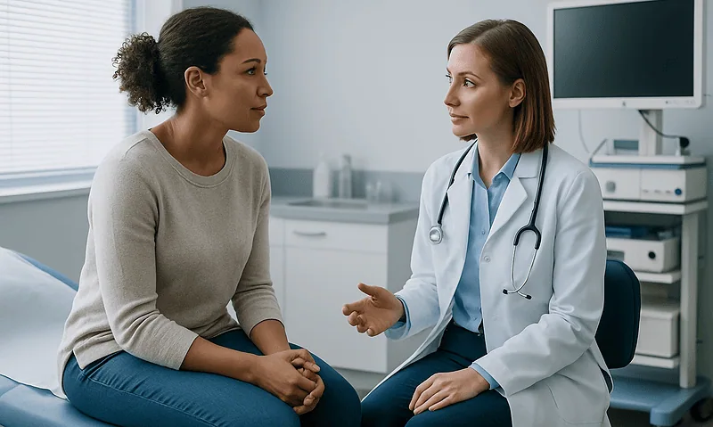 Doctor consulting with a patient in a medical office setting.
