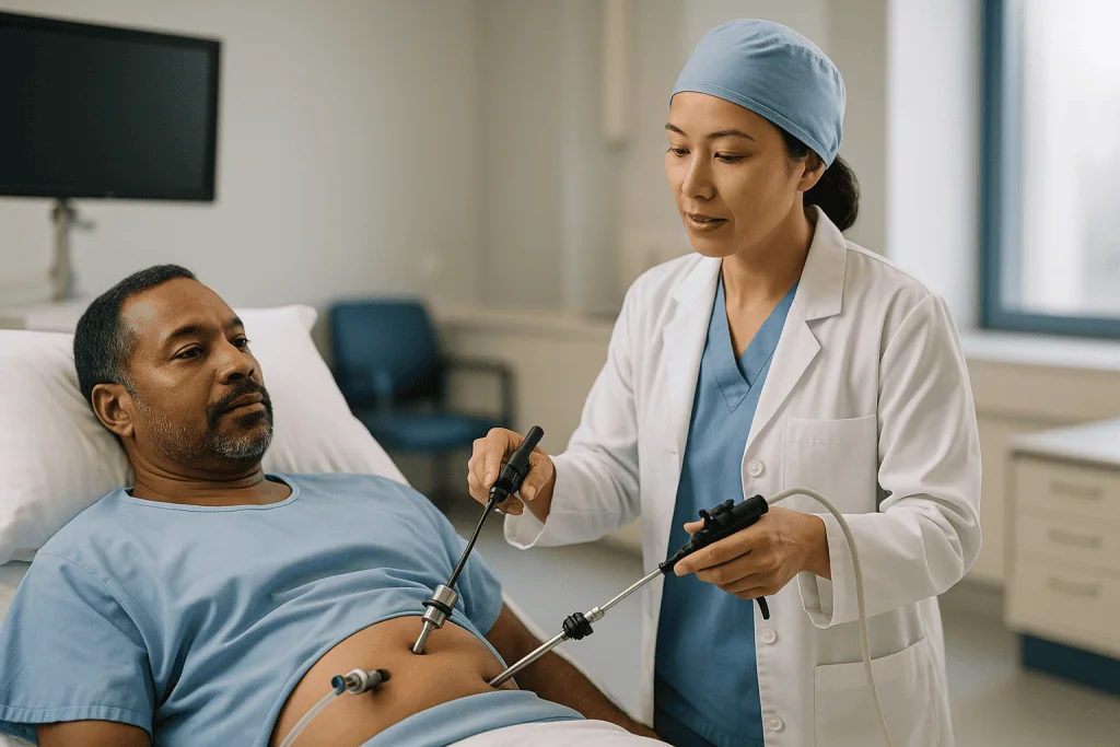 Doctor performing ultrasound examination on patient's abdomen: How laparoscopic urology surgery actually works, and where th