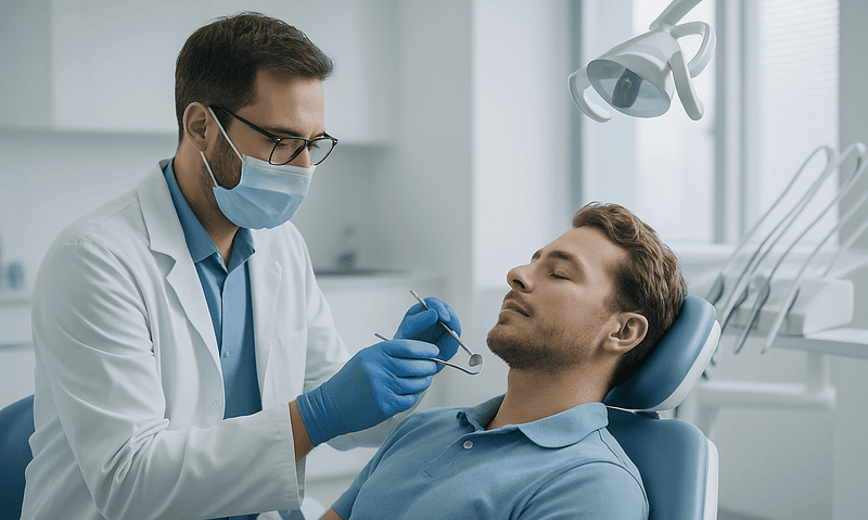 Dentist performing laser dental procedure on patient in clinic.