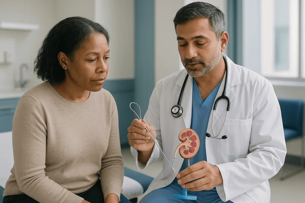 Doctor explaining kidney anatomy model to patient: How laser lithotripsy works: dusting, fragmenting and basketing