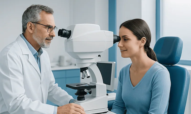 Ophthalmologist examining patient's eye with a microscope at Acibadem Hospital.