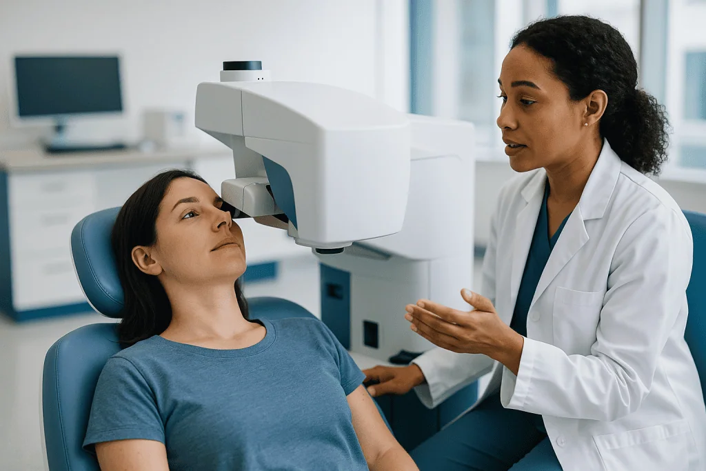 Ophthalmologist examining patient with advanced diagnostic equipment: How LASIK works: what actually happens in the laser ro