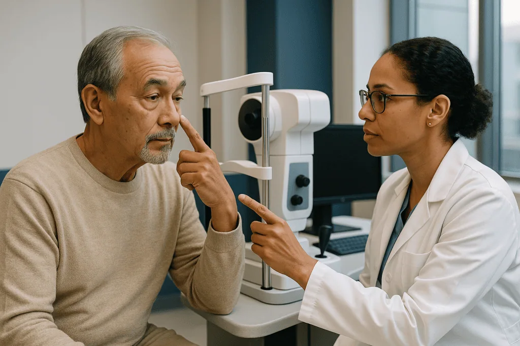 Optometrist examining older male patient's eyes: How LASIK works: what actually happens to the cornea