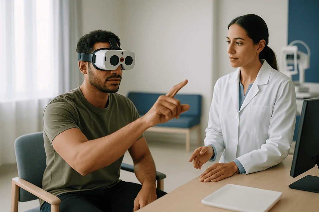 Patient wearing VR headset in consultation with female doctor: How lazy eye treatment for adults actually works