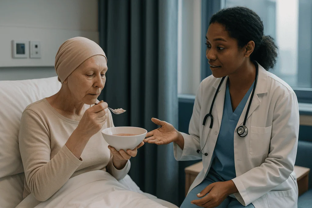 Doctor consulting patient eating soup in hospital room: How leukemia and its treatment leave the body open to infection