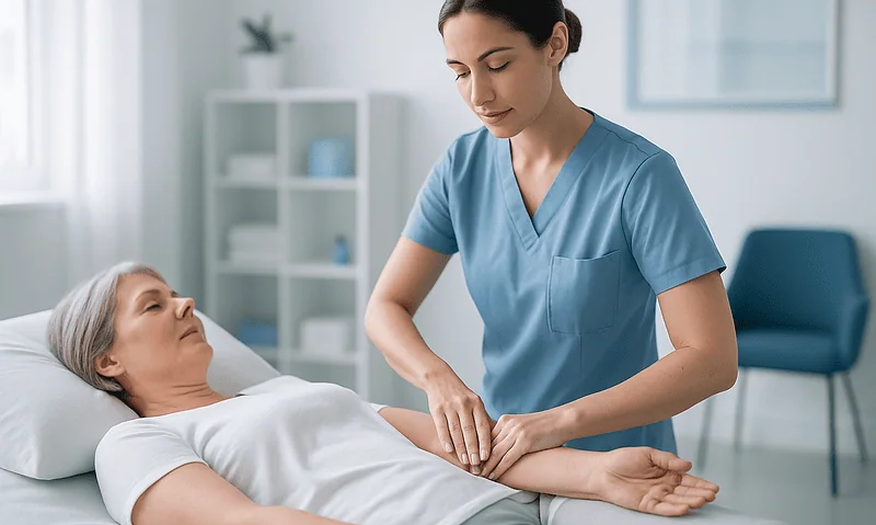 Nurse examining a patient in a hospital room at Acibadem Hospitals Group.