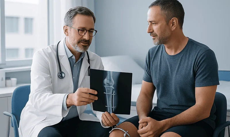 Orthopedic doctor explaining limb lengthening X-ray to patient in clinic.
