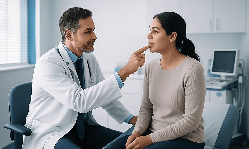 Doctor examining patient's lip in consultation room at Acibadem Hospital.