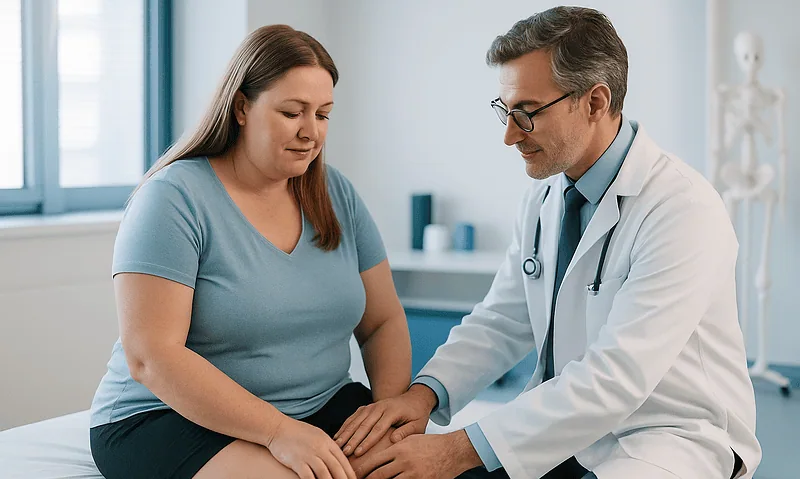 Doctor examining a woman's knee in a medical consultation room.
