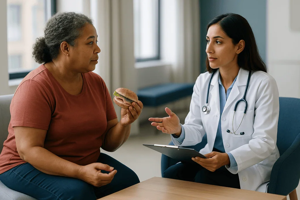 Doctor consulting patient holding sandwich in clinic: How lipids actually move through the body, in plain language