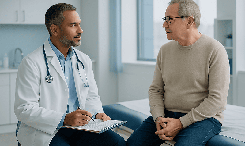 Doctor consulting with an older male patient in a hospital room.
