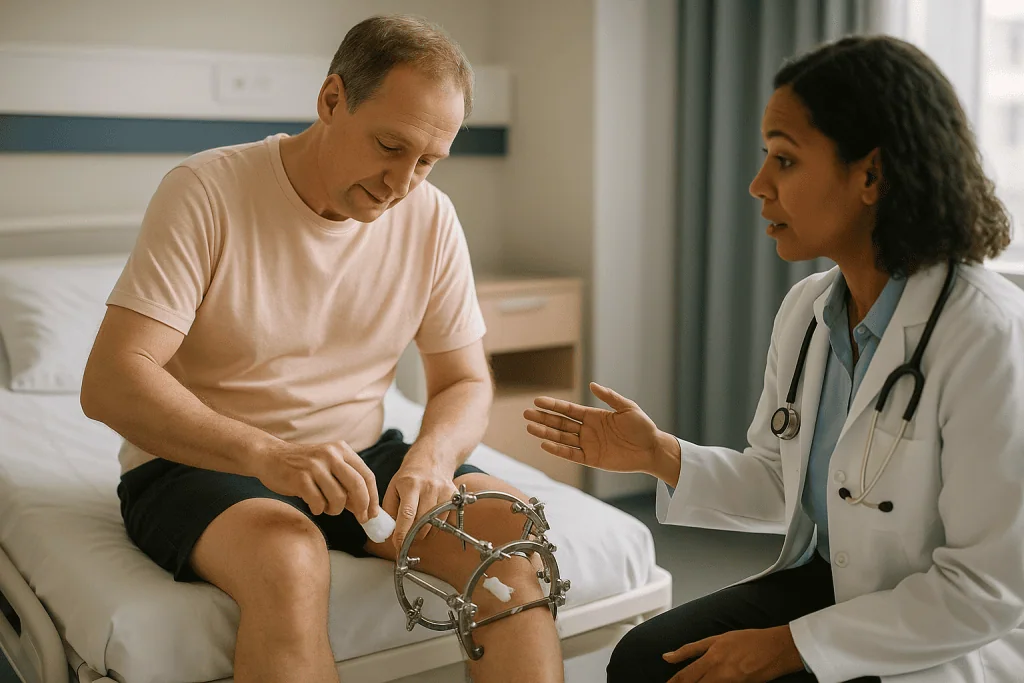 Doctor examining patient's knee in clinical setting: How living with an external fixator actually works day to day