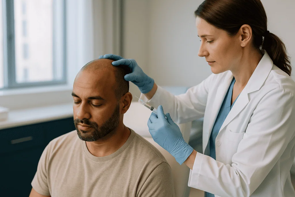Doctor administering injection to patient's scalp: How local anesthesia for a hair transplant actually works
