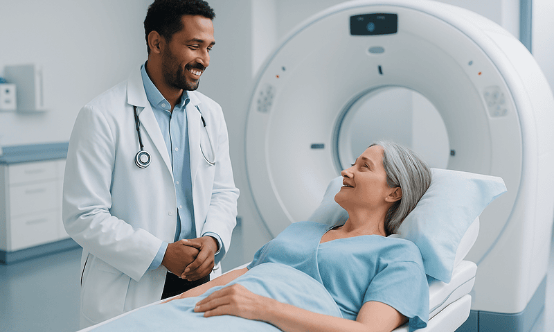 Doctor and patient preparing for a CT scan at Acibadem Hospitals Group.