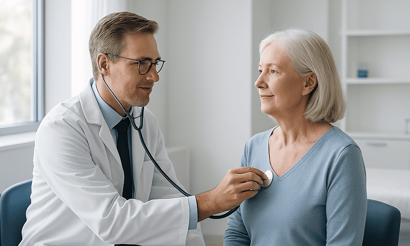 Doctor examining an elderly woman with stethoscope in a medical office.
