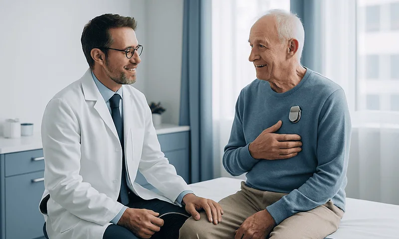 Doctor consulting with elderly patient with pacemaker in hospital room.