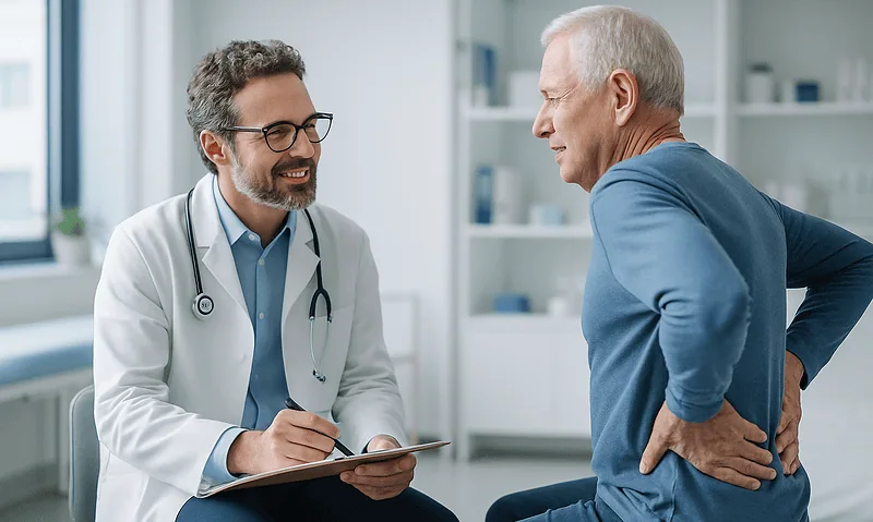 Doctor consulting with an elderly patient about back pain in a medical office.