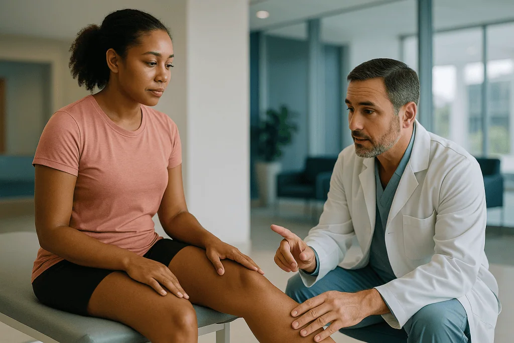 Doctor examining patient's knee during medical consultation: How long after ACL surgery can you play sports again? What the 