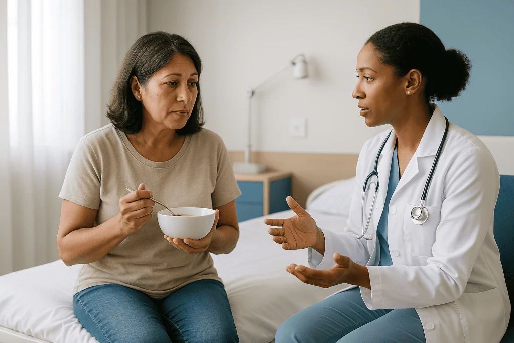 Doctor consulting patient holding bowl in medical room — How long after food poisoning should I eat?