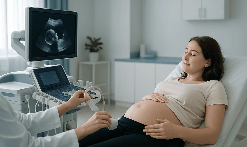 Pregnant woman having ultrasound at hospital.