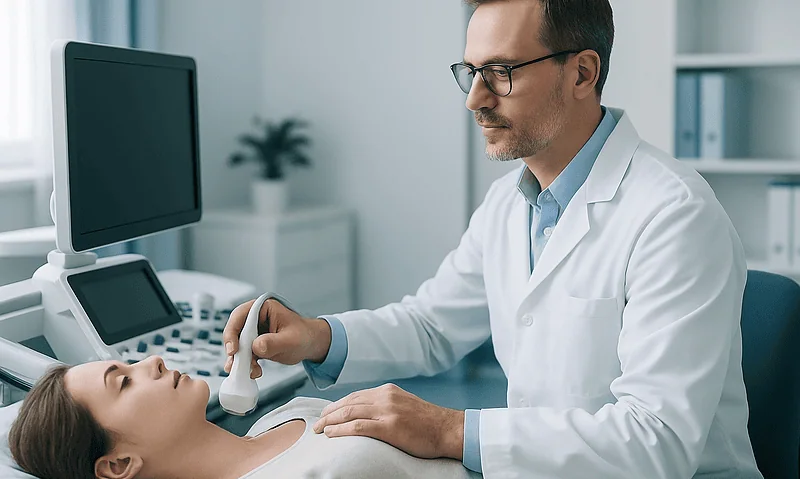 Doctor performing thyroid ultrasound on patient in clinic.