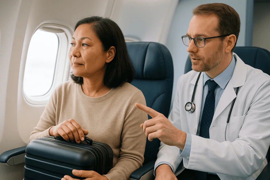 Doctor consulting patient on airplane during flight: How long after tympanoplasty can you fly? What the evidence does and do