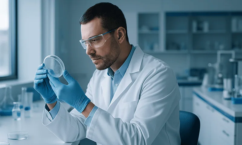 Research scientist examining a petri dish in a laboratory setting.