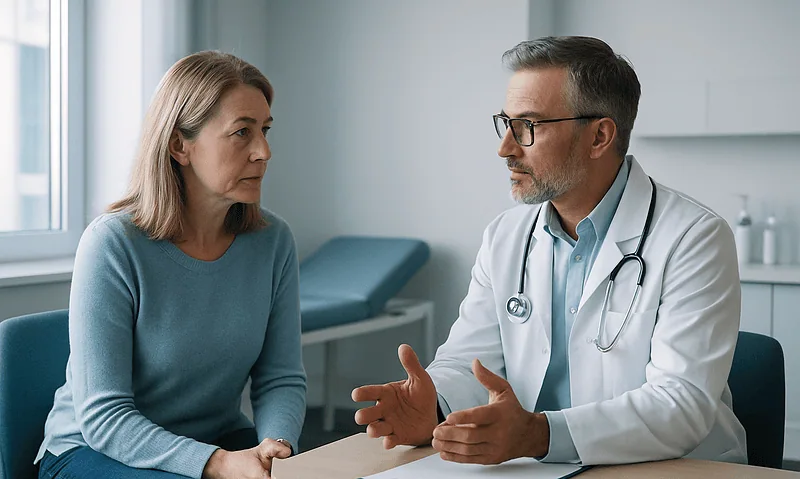 Doctor consulting with a middle-aged woman in a medical office.