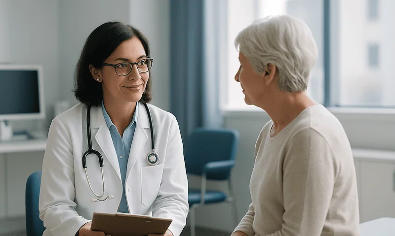 Doctor consulting with an elderly female patient in a medical office.
