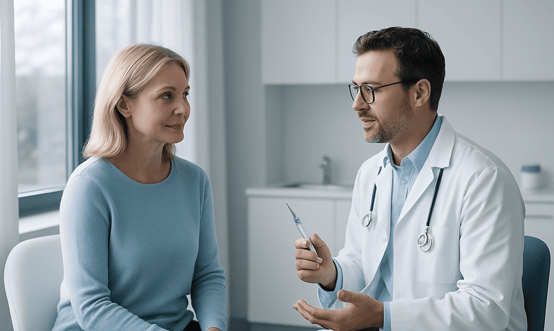 Doctor consulting with a female patient in a modern clinic setting.
