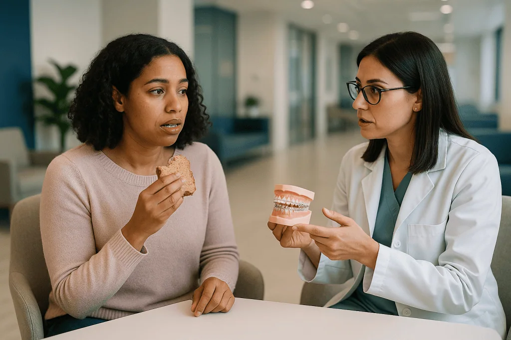 Dentist or orthodontist consulting patient about dental model: How long can I go with a broken bracket?