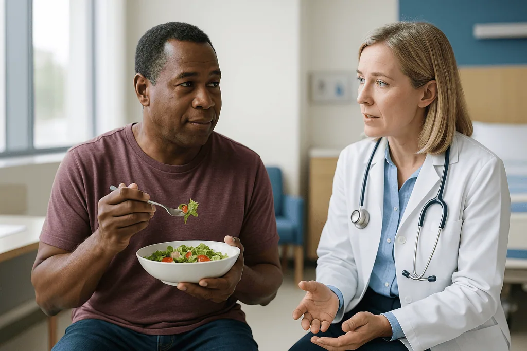 Doctor consulting patient about healthy salad diet: How long can you stay in remission with Crohn's?