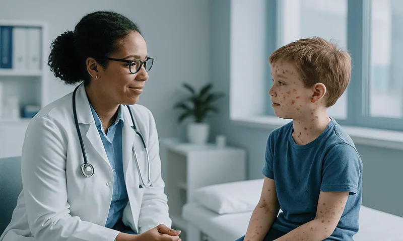 Doctor consulting with a young boy with chickenpox in a medical office.
